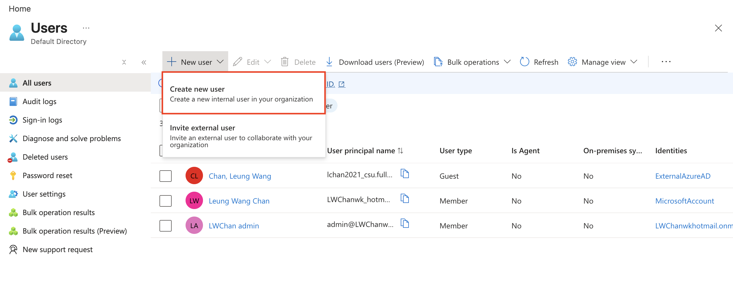 Create new user menu