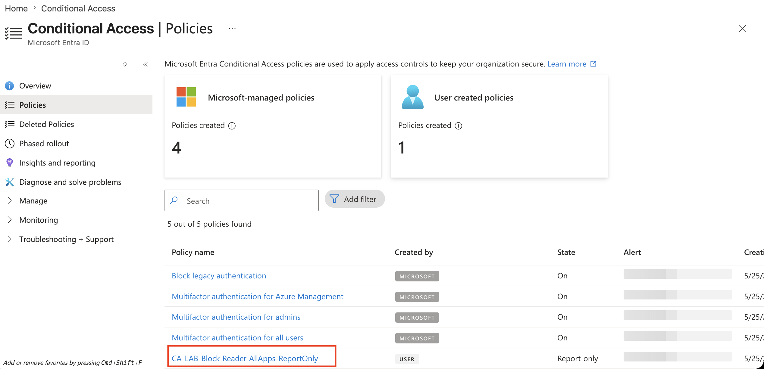 Conditional Access policies list