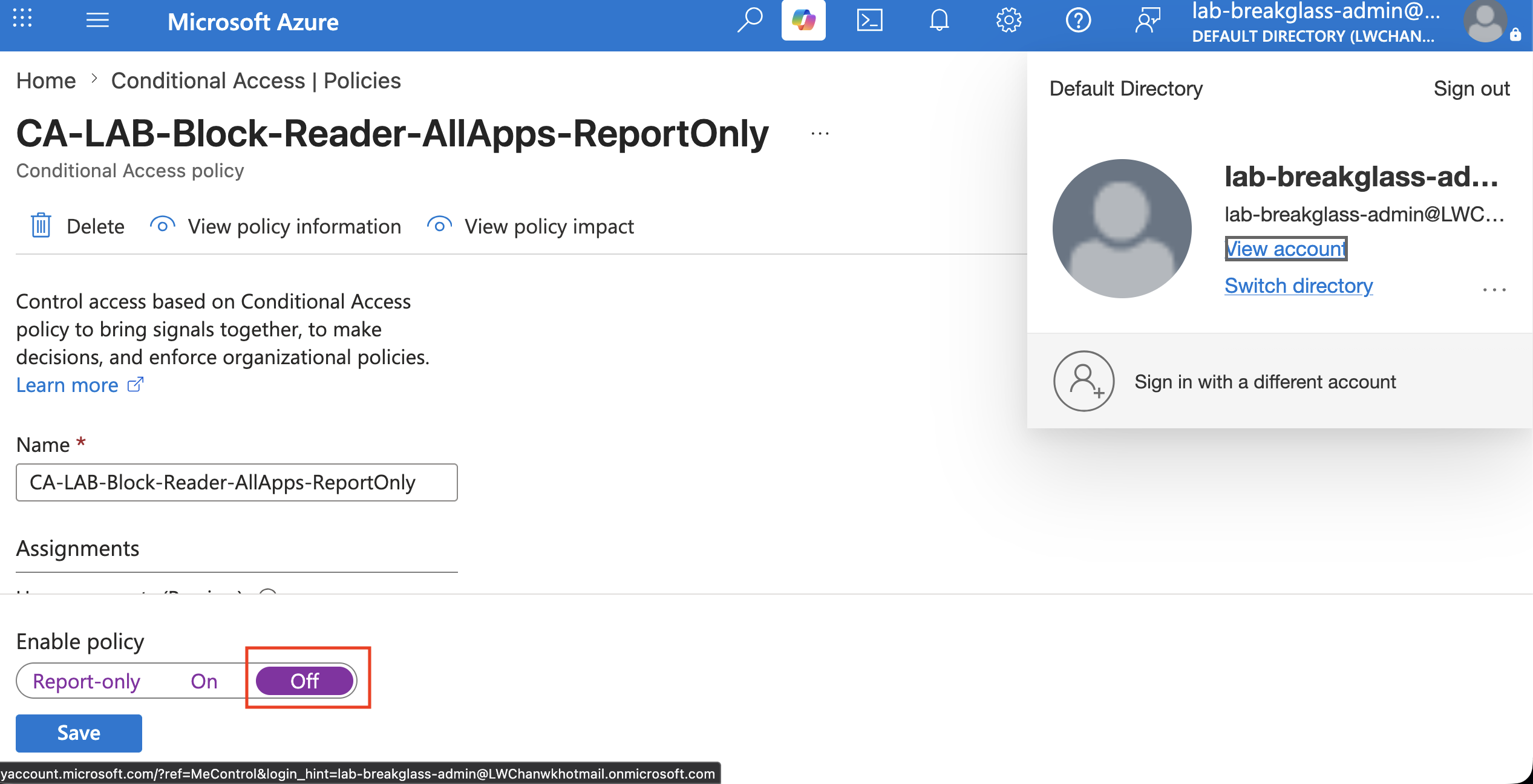 Break-glass admin signed in