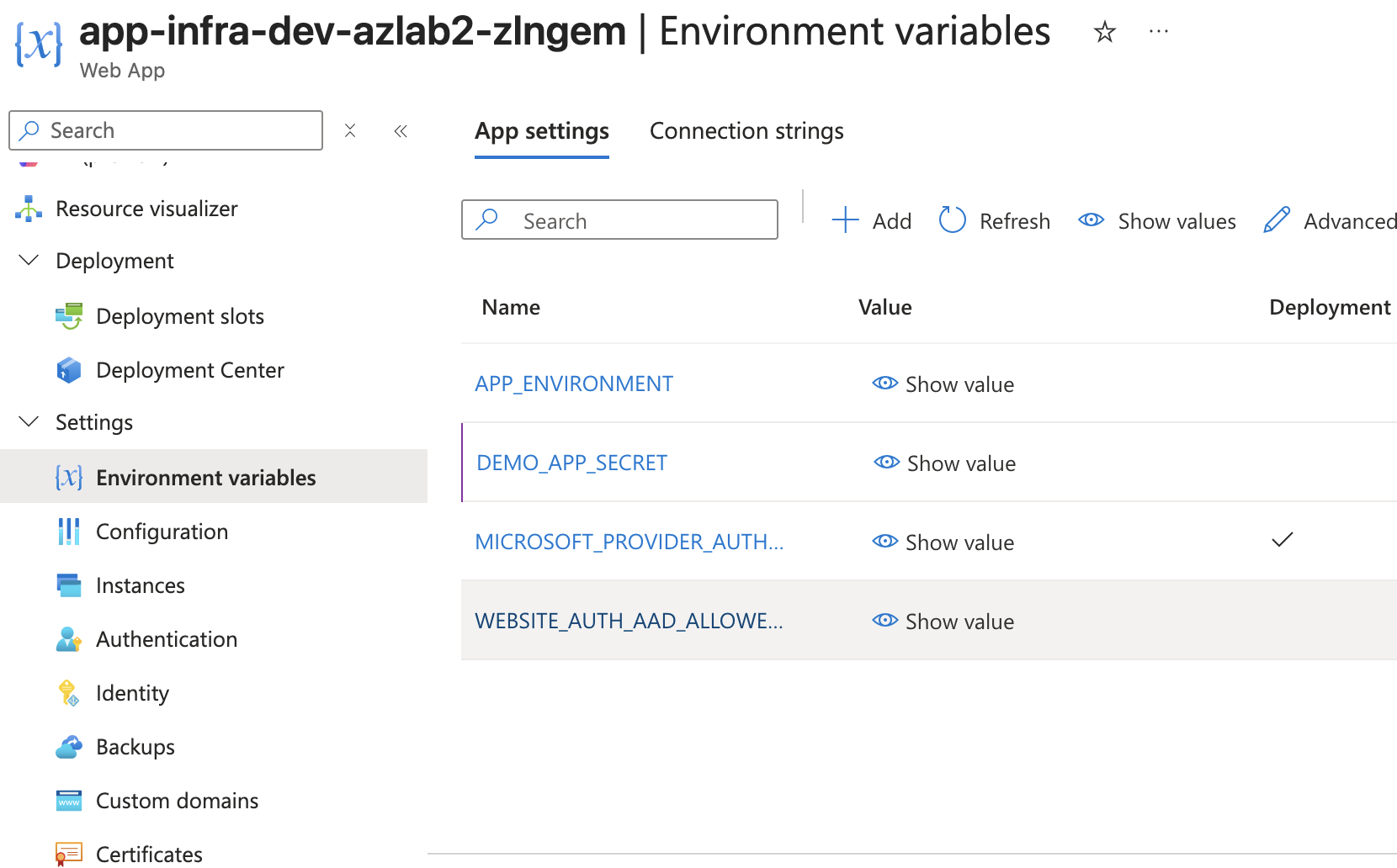 App Service DEMO_APP_SECRET setting added