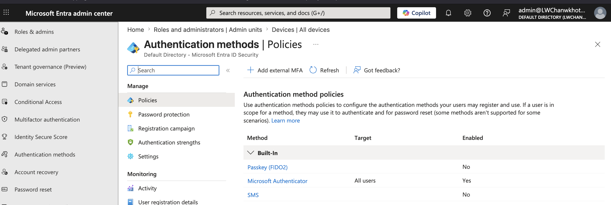 Authentication methods policy