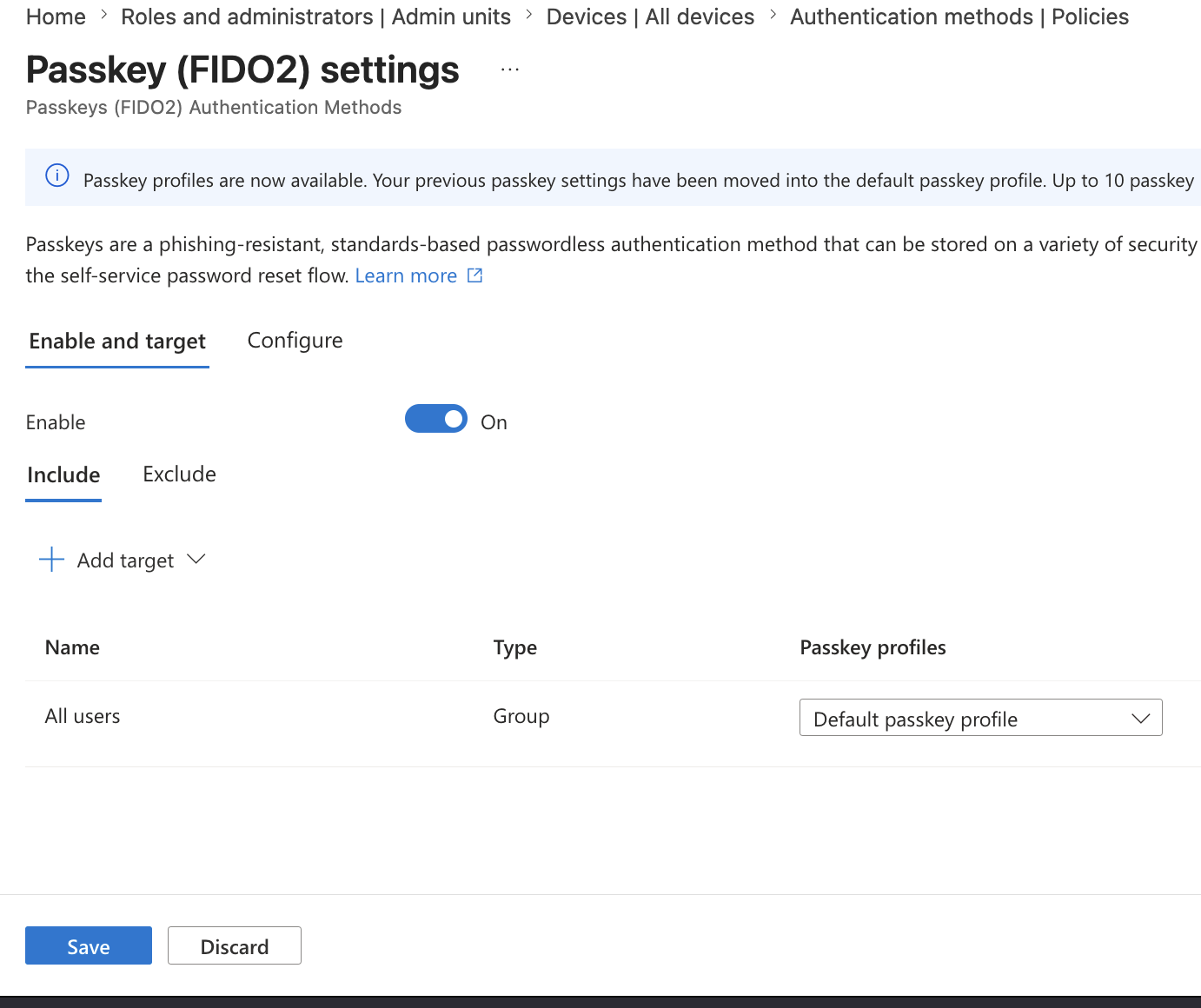 Passkey FIDO2 settings initial target
