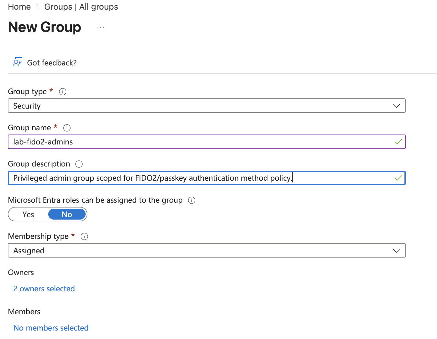 Create FIDO2 admin pilot group