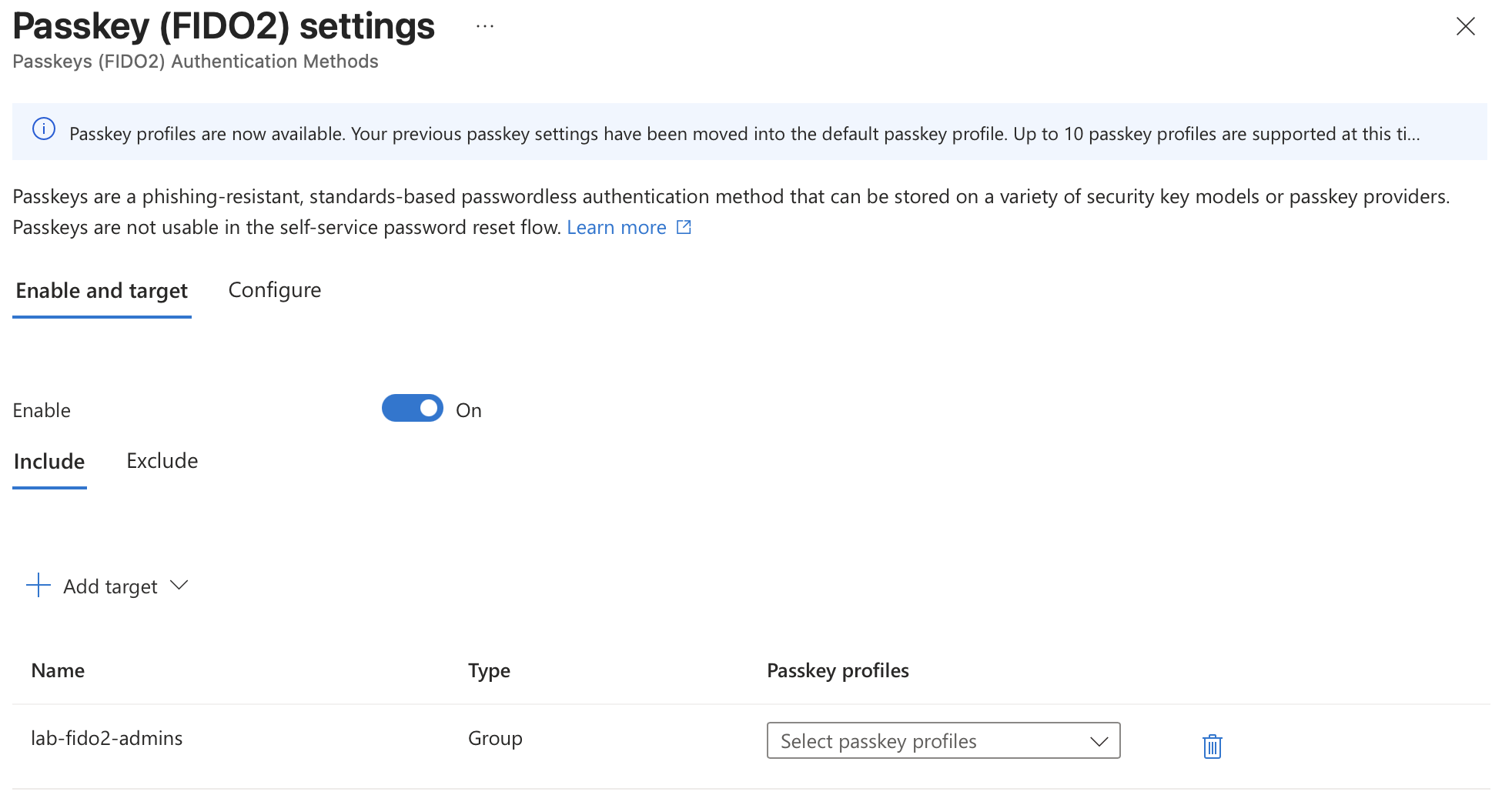 Passkey FIDO2 targeted to lab-fido2-admins