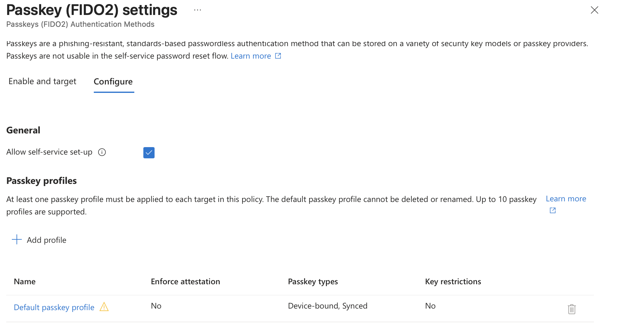 Default passkey profile configuration