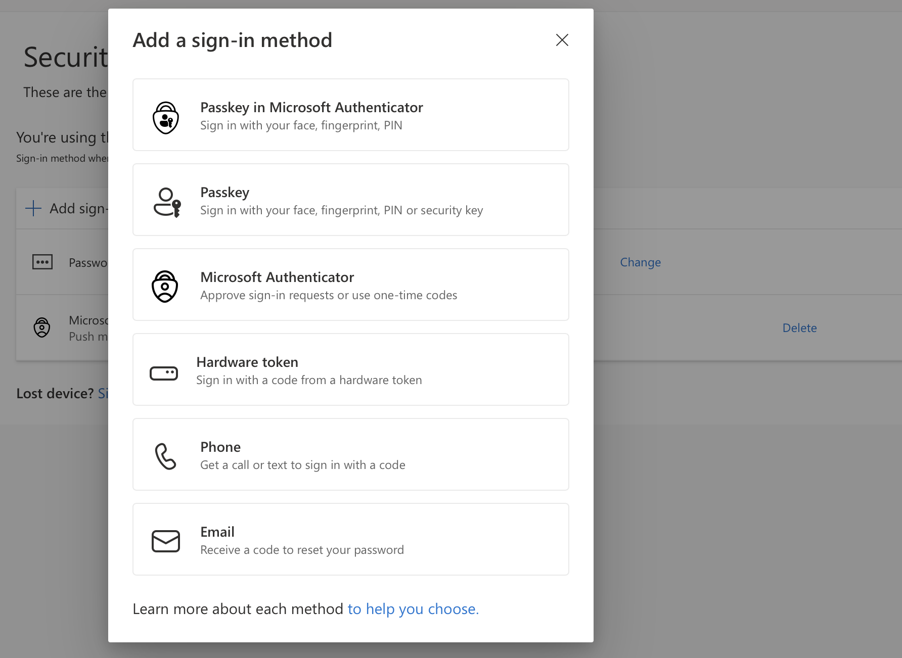 Security info passkey method options