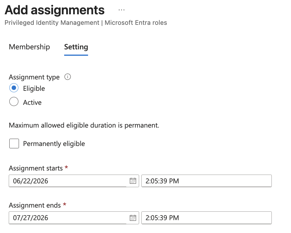 PIM eligible assignment settings