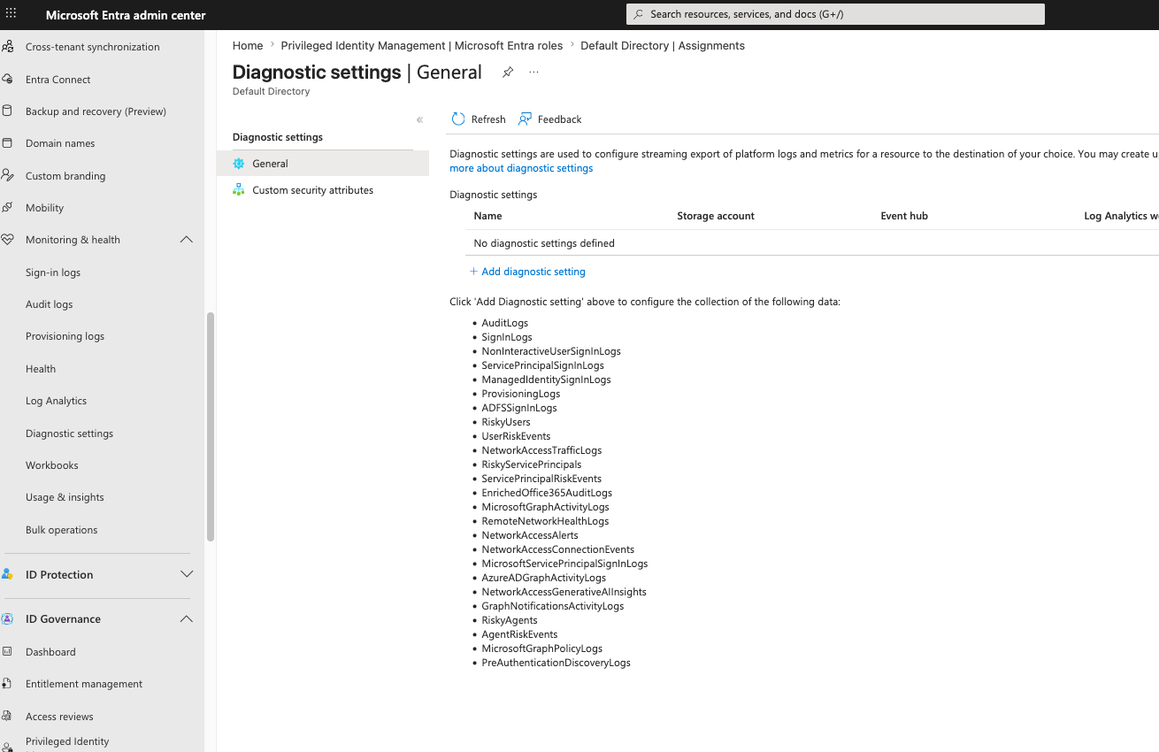 Diagnostic settings empty