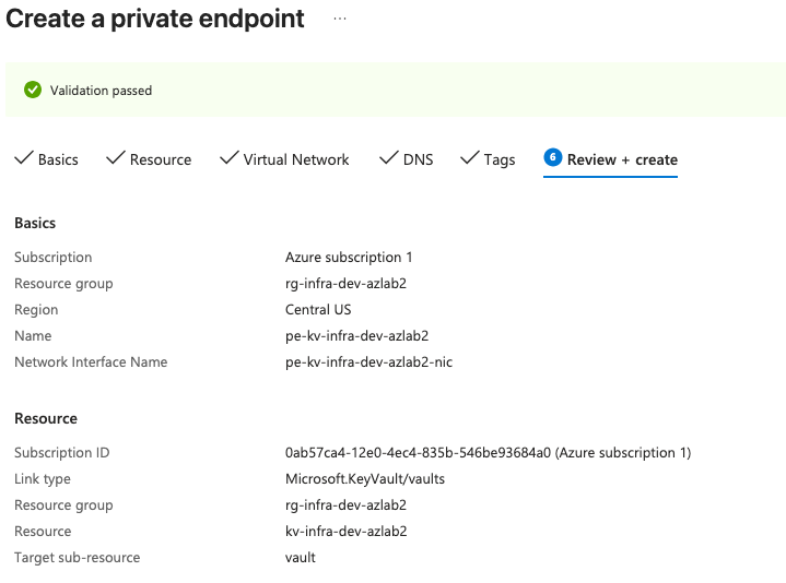 Private Endpoint Review and Create