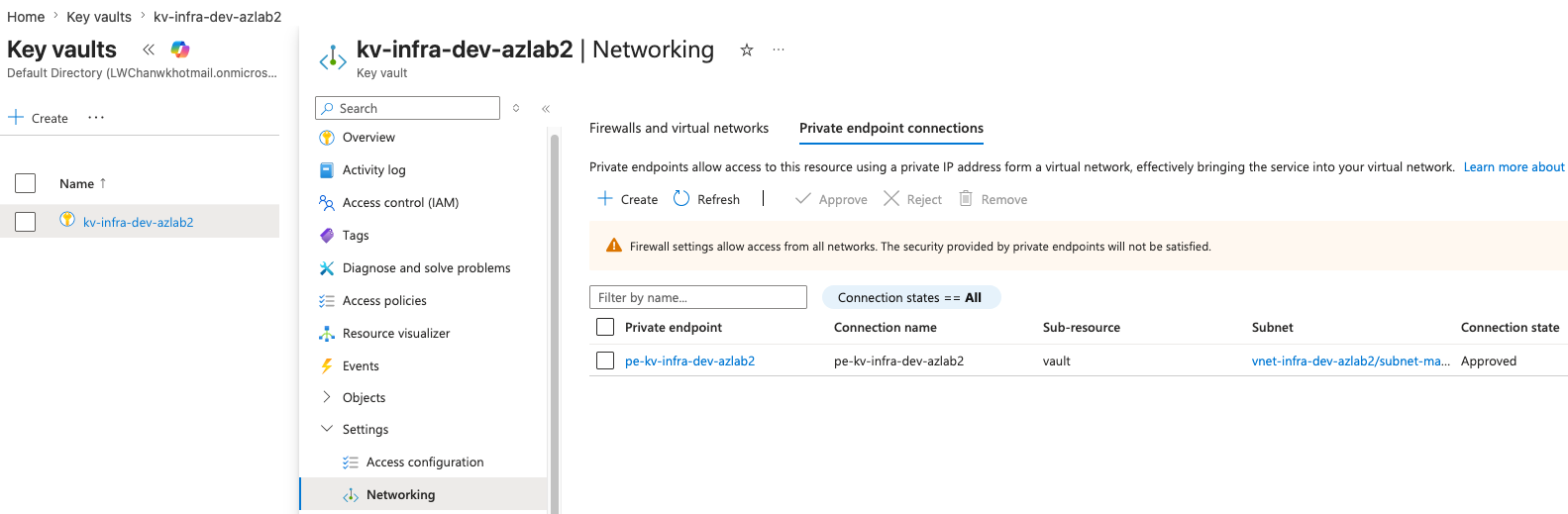 Key Vault Networking Private Access Warning