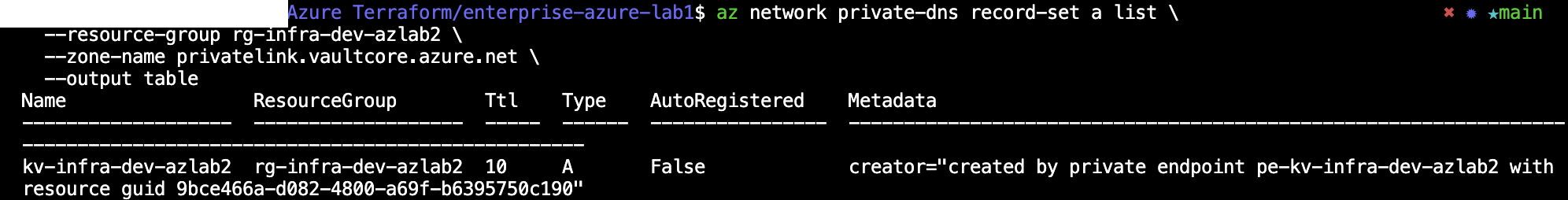 List Key Vault Private DNS A Records