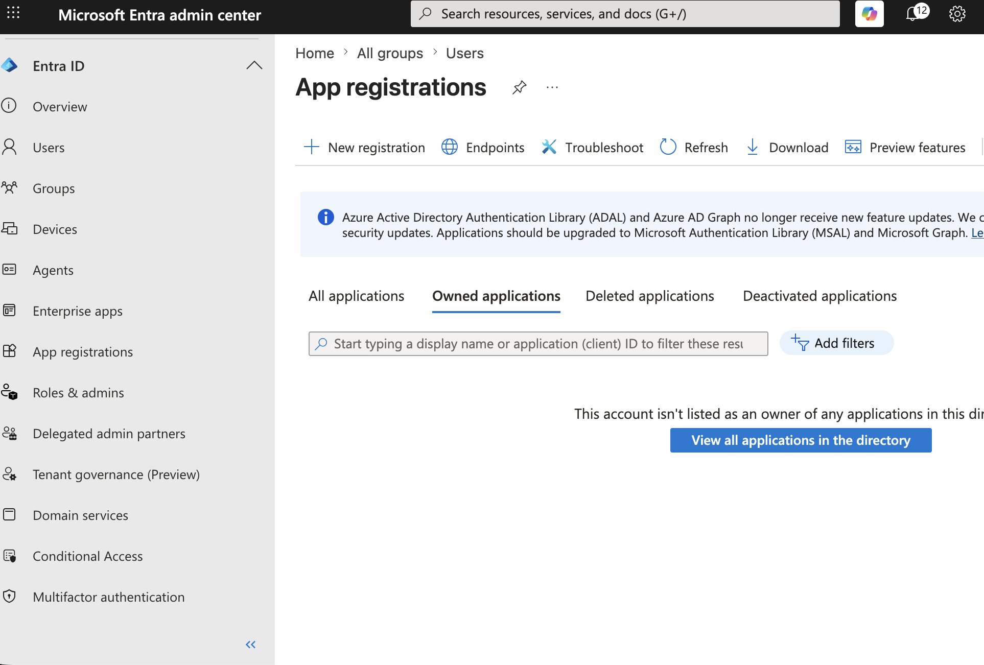 App registrations page