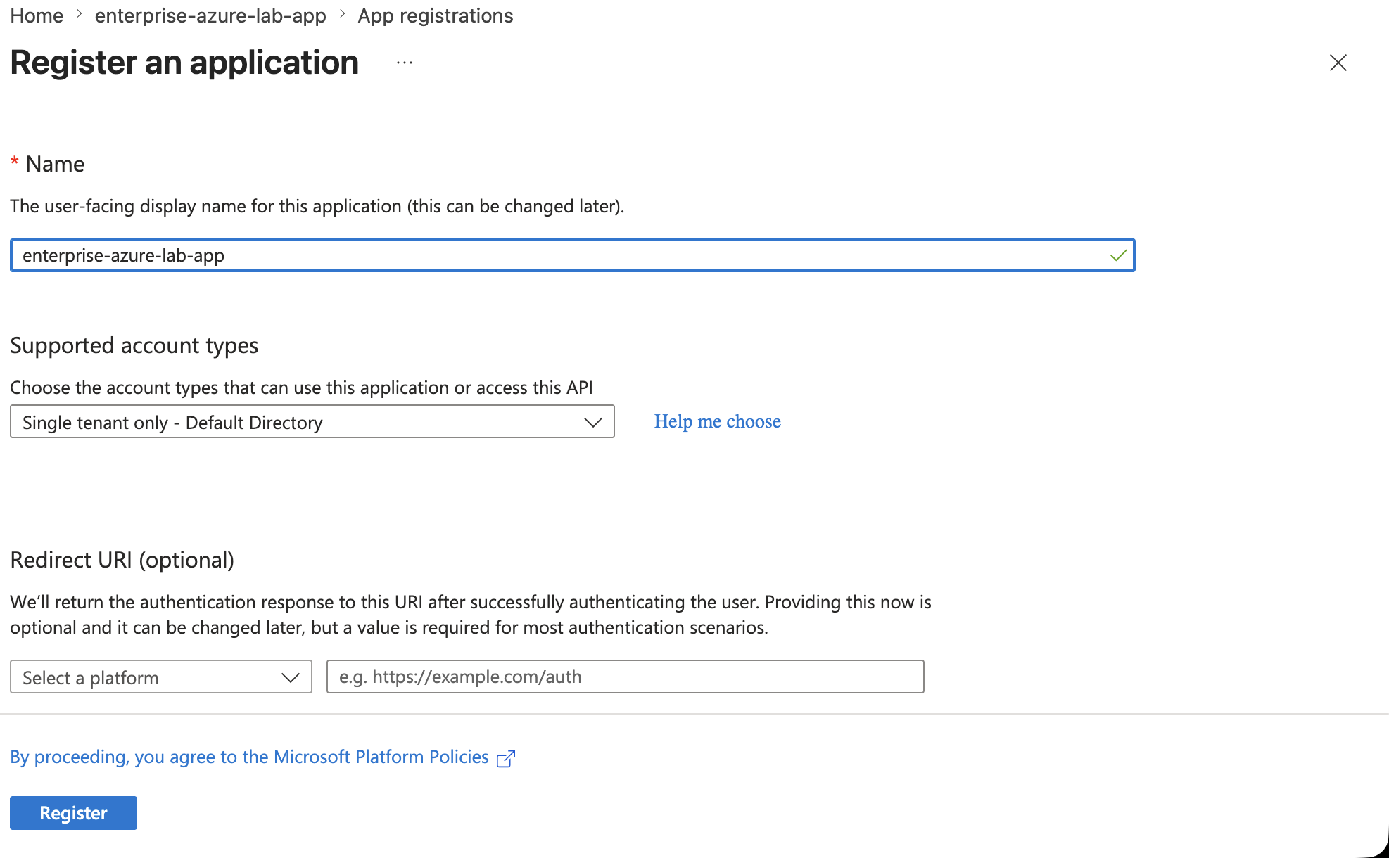 Register enterprise Azure lab app