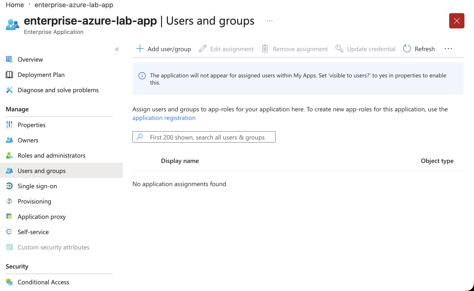 Enterprise app users and groups empty