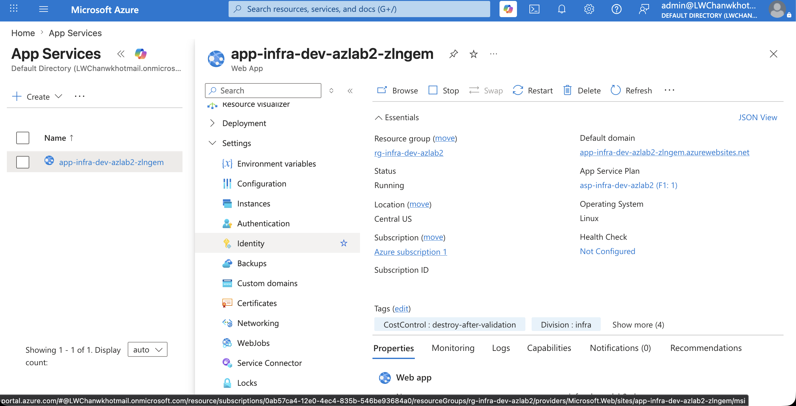 App Service overview authentication nav