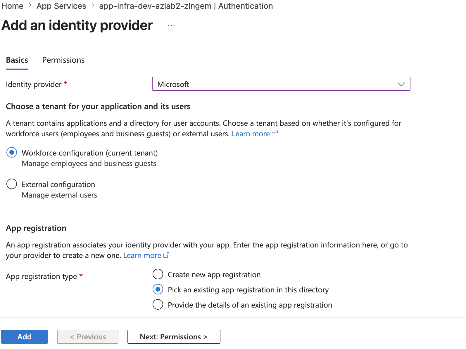 Pick existing app registration