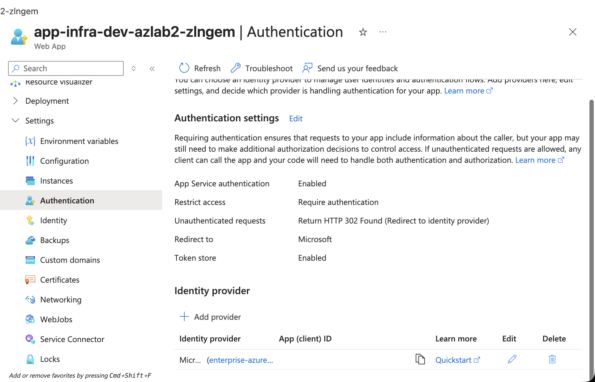 App Service Authentication enabled
