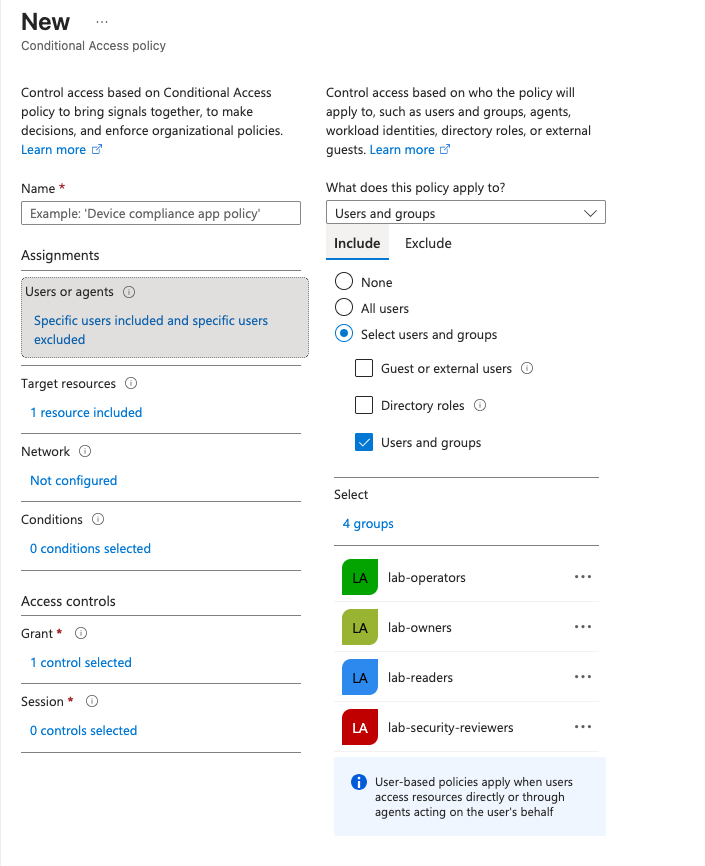 Conditional Access users and groups included and excluded