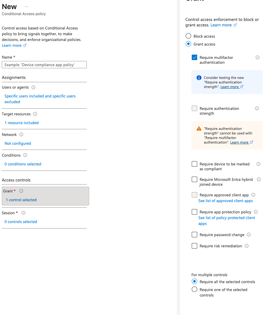 Conditional Access grant require MFA