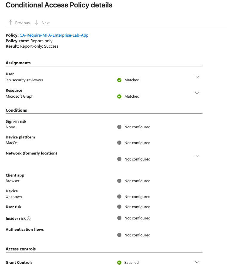 Conditional Access policy details report-only success