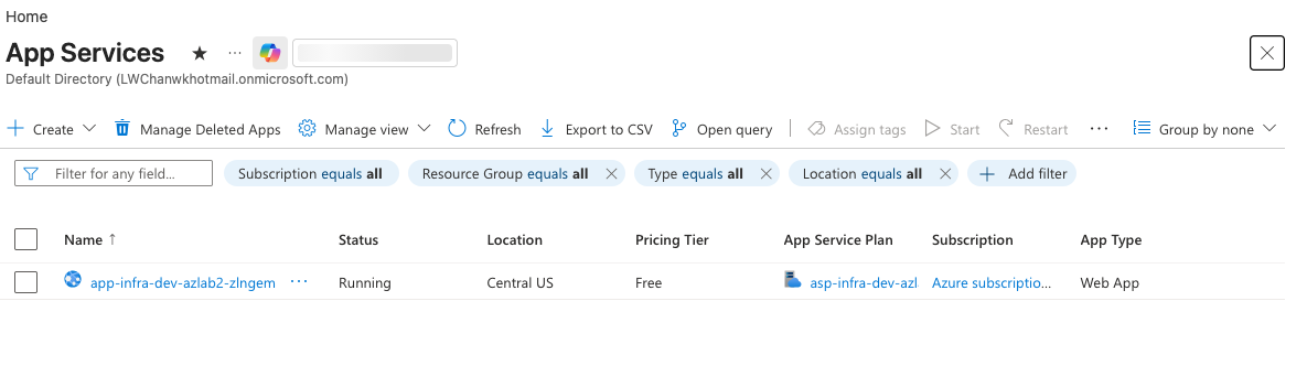 App Services list running