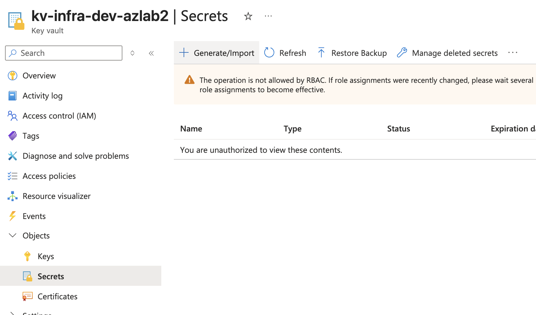 Key Vault secrets unauthorized before RBAC