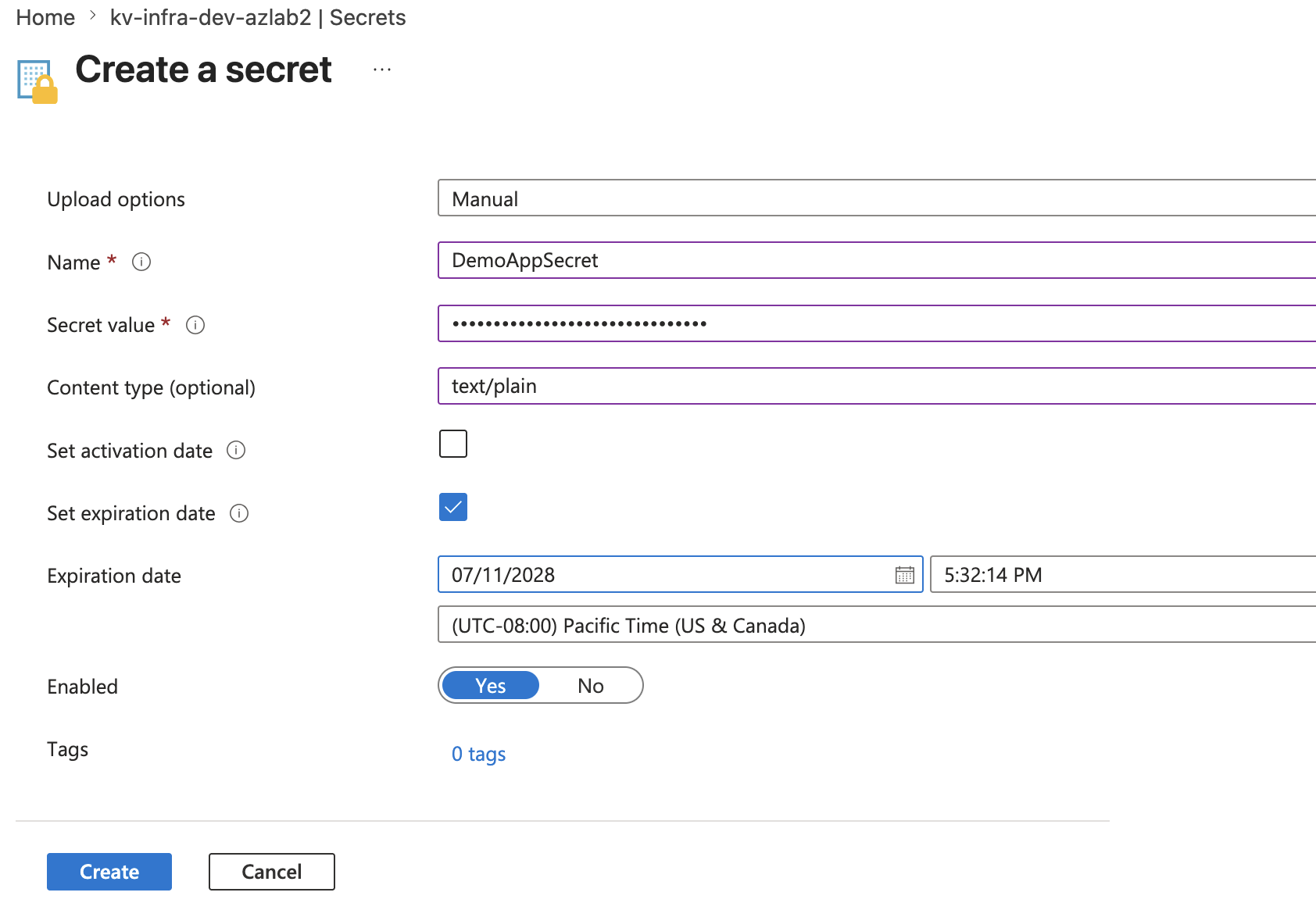 Key Vault create demo secret