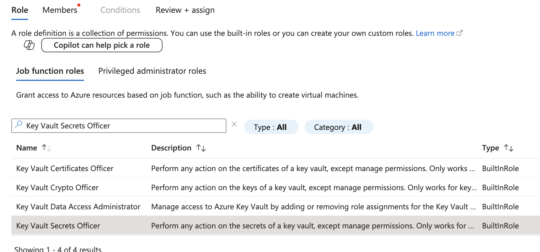 Key Vault select Secrets Officer role