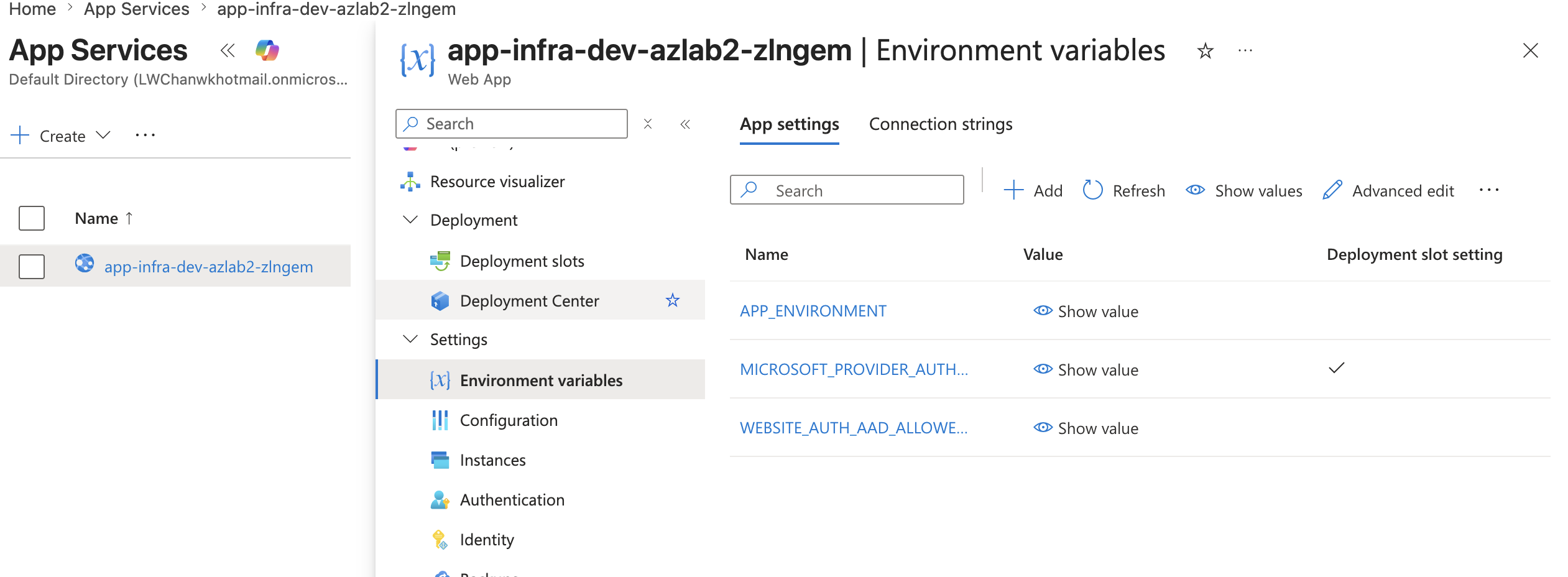 App Service environment variables before secret