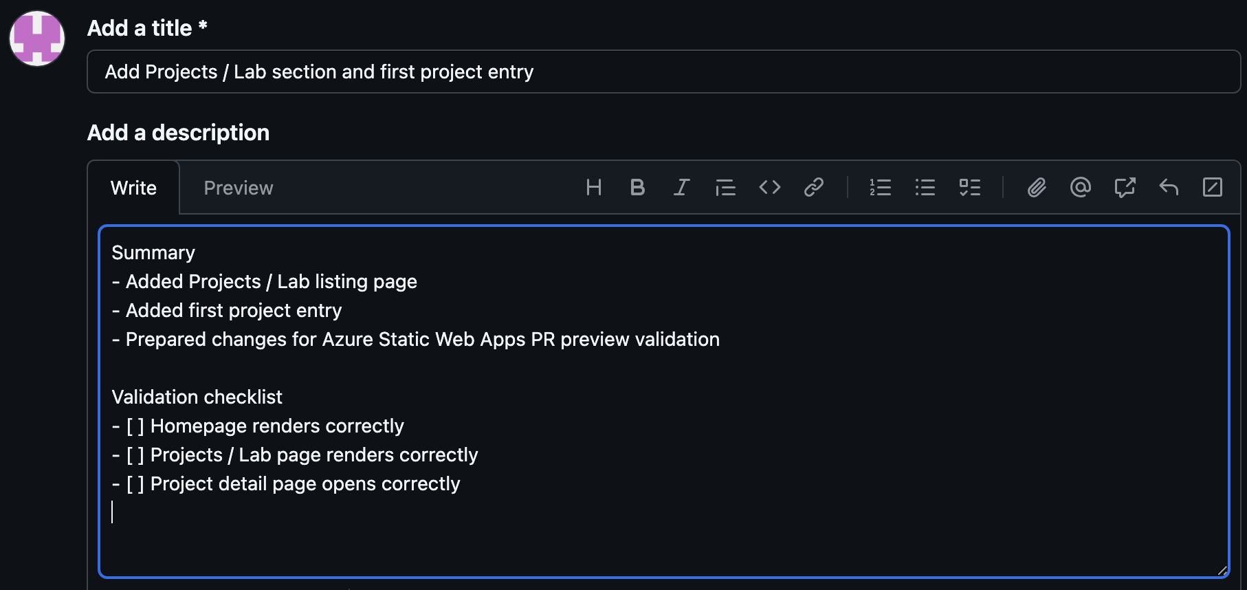 Pull Request title and description