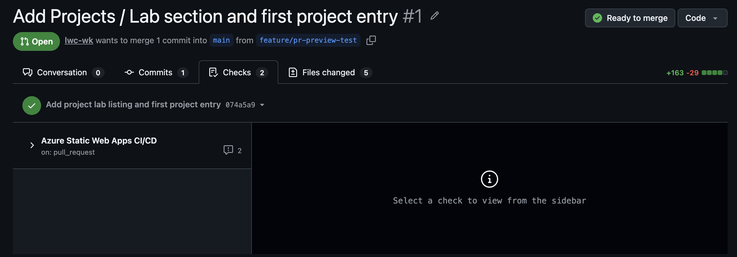 Checks tab for Azure Static Web Apps