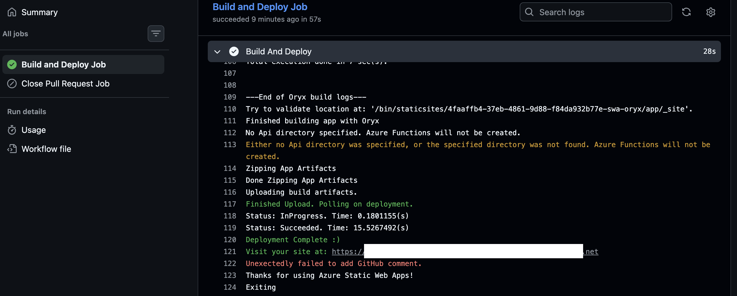 Azure Static Web Apps build log